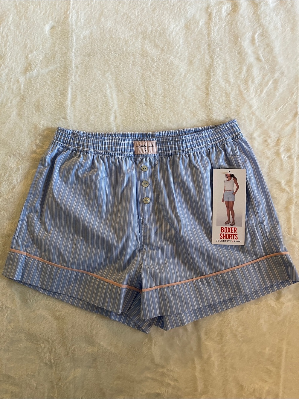 Celebrity Pink Blue Striped Boxer Shorts with Pink Trim SZ M